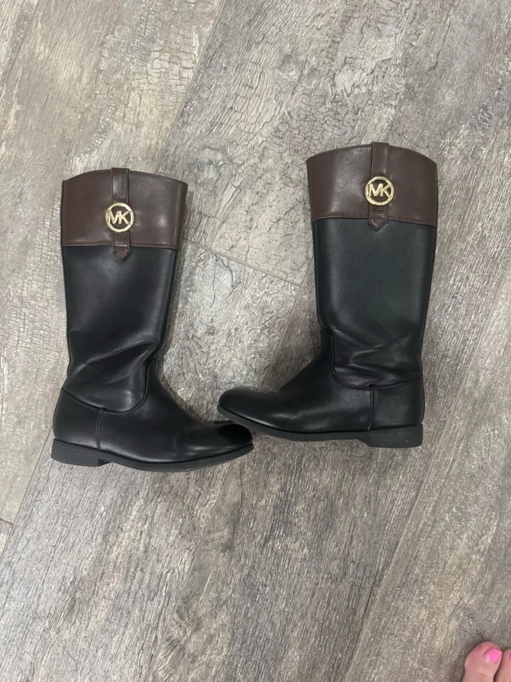 Michael Kors Emma Kelly Black and Brown Tall Riding Boots with Gold MK Emblem